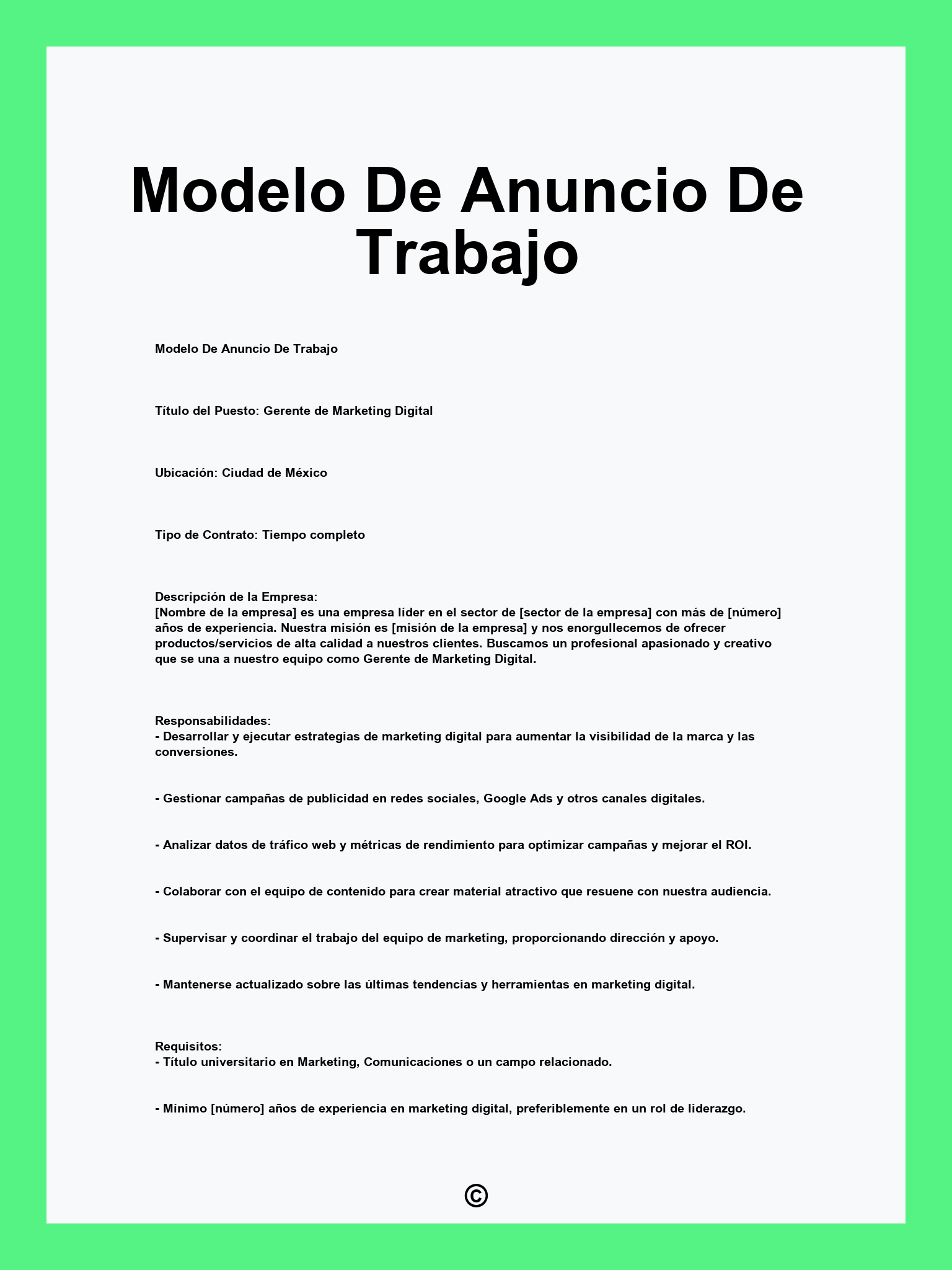Modelo De Anuncio De Trabajo