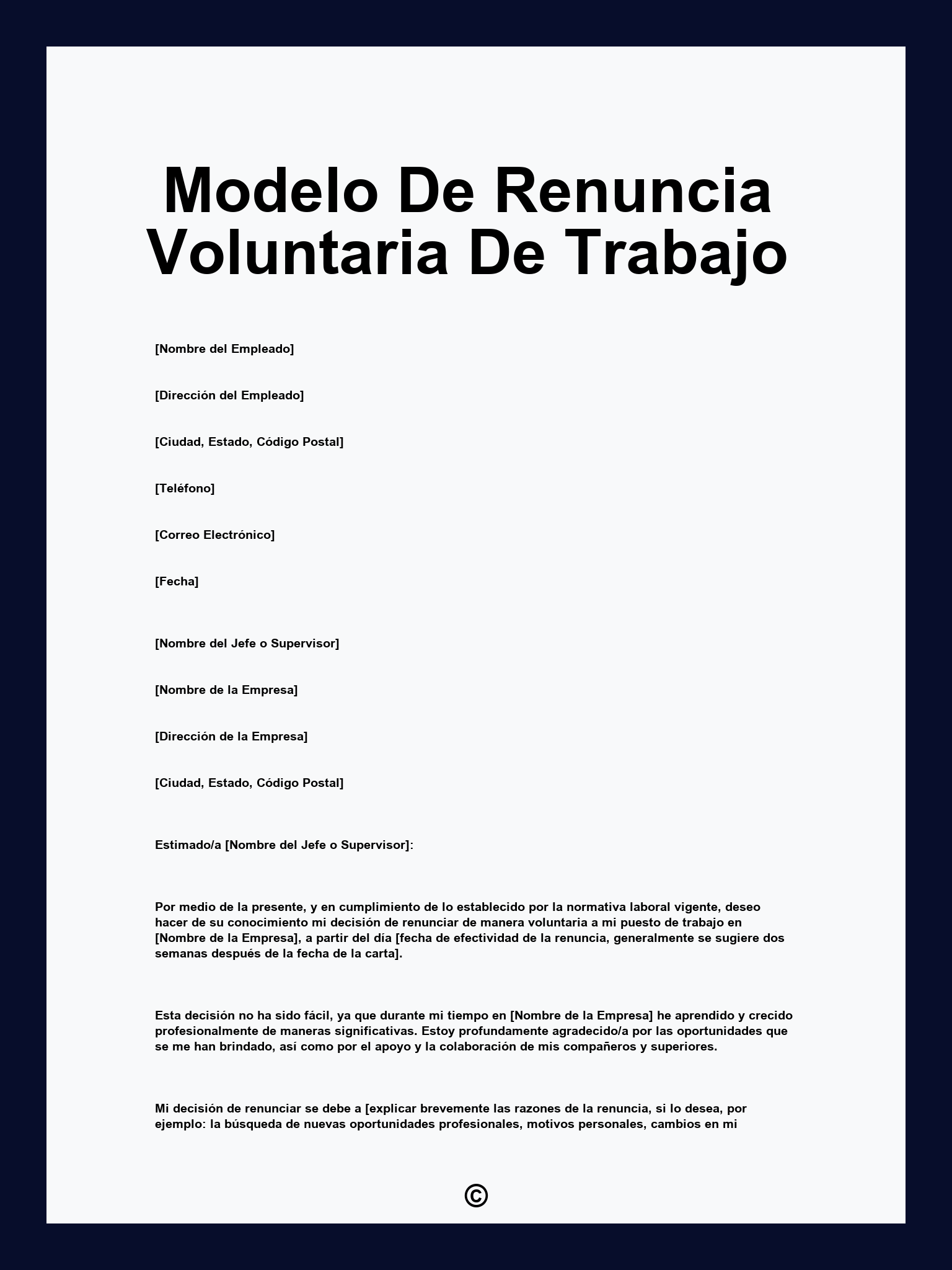 Modelo De Renuncia Voluntaria De Trabajo