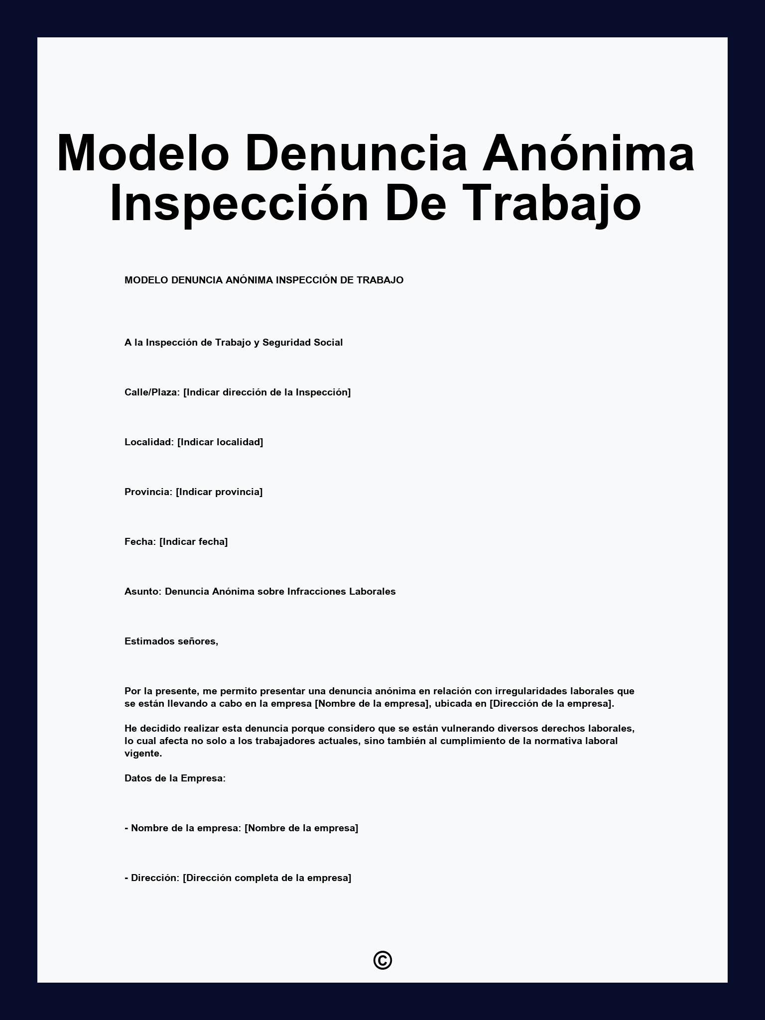Modelo Denuncia Anónima Inspección De Trabajo
